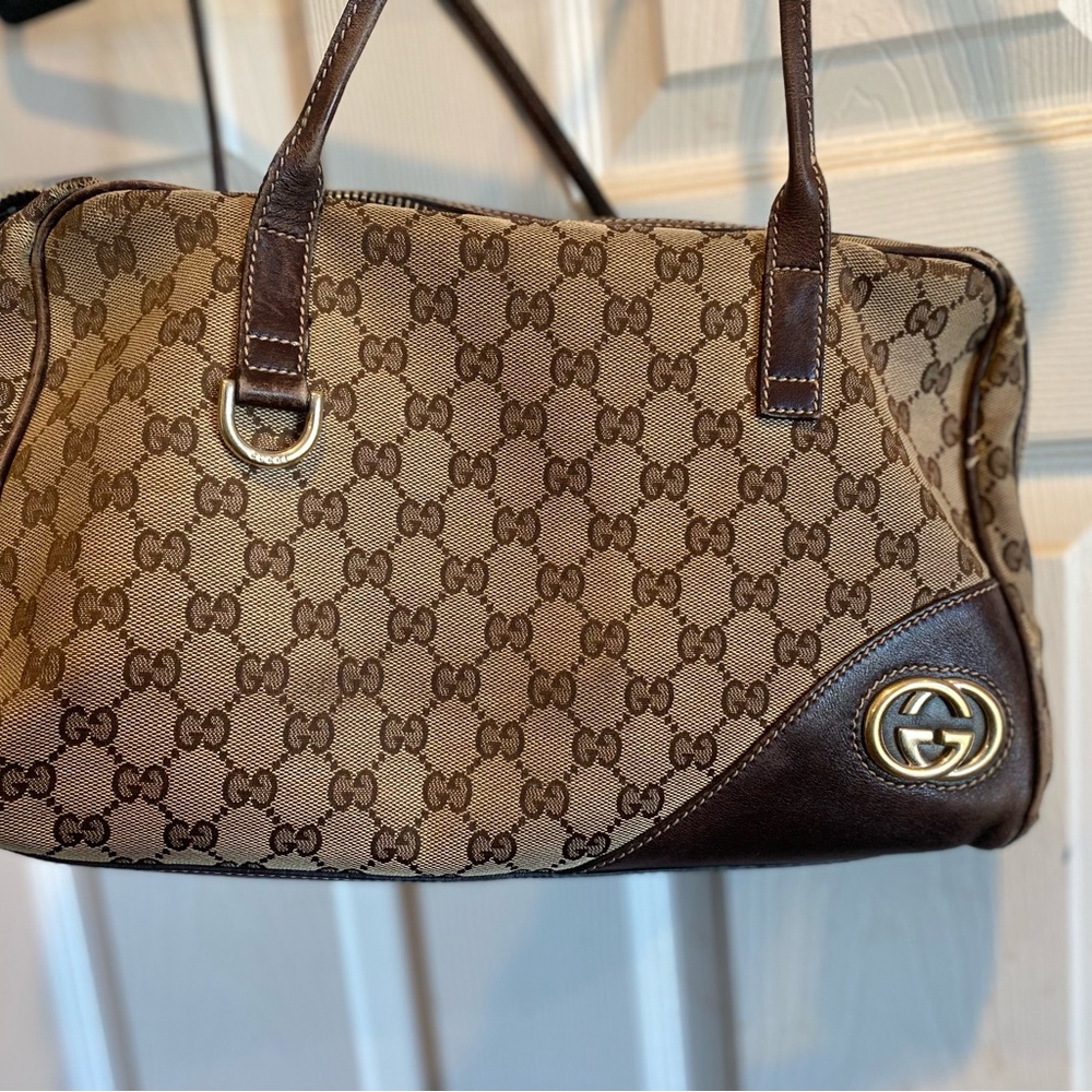 GUCCI GG Canvas Boston Shoulder Bag Beige Brown 169971